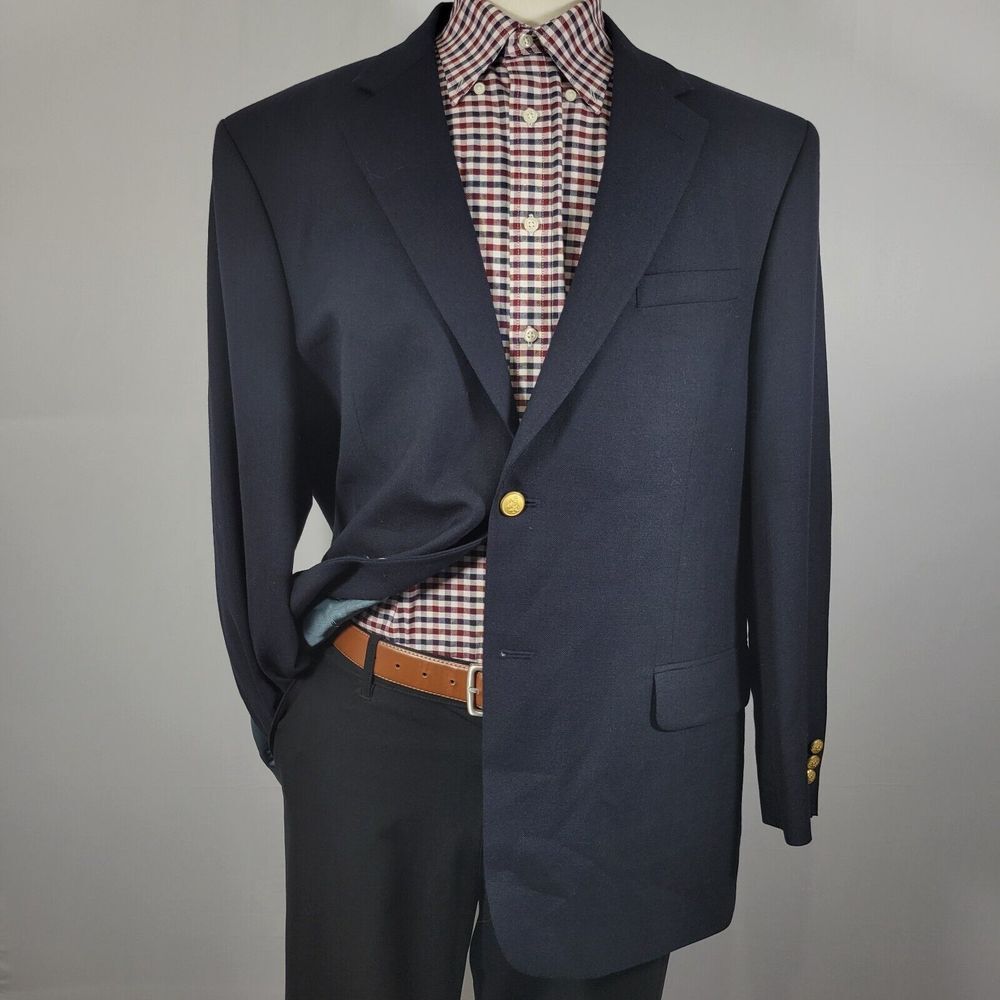 Stafford Men's Sport‎ Coat Blazer Two Button Navy Blue Poly Wool Size 46R
